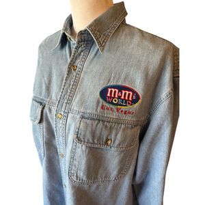 Vintage Men's M&M Mars Button-Down Shirt Size M Blue Light Denim Long Sleeve